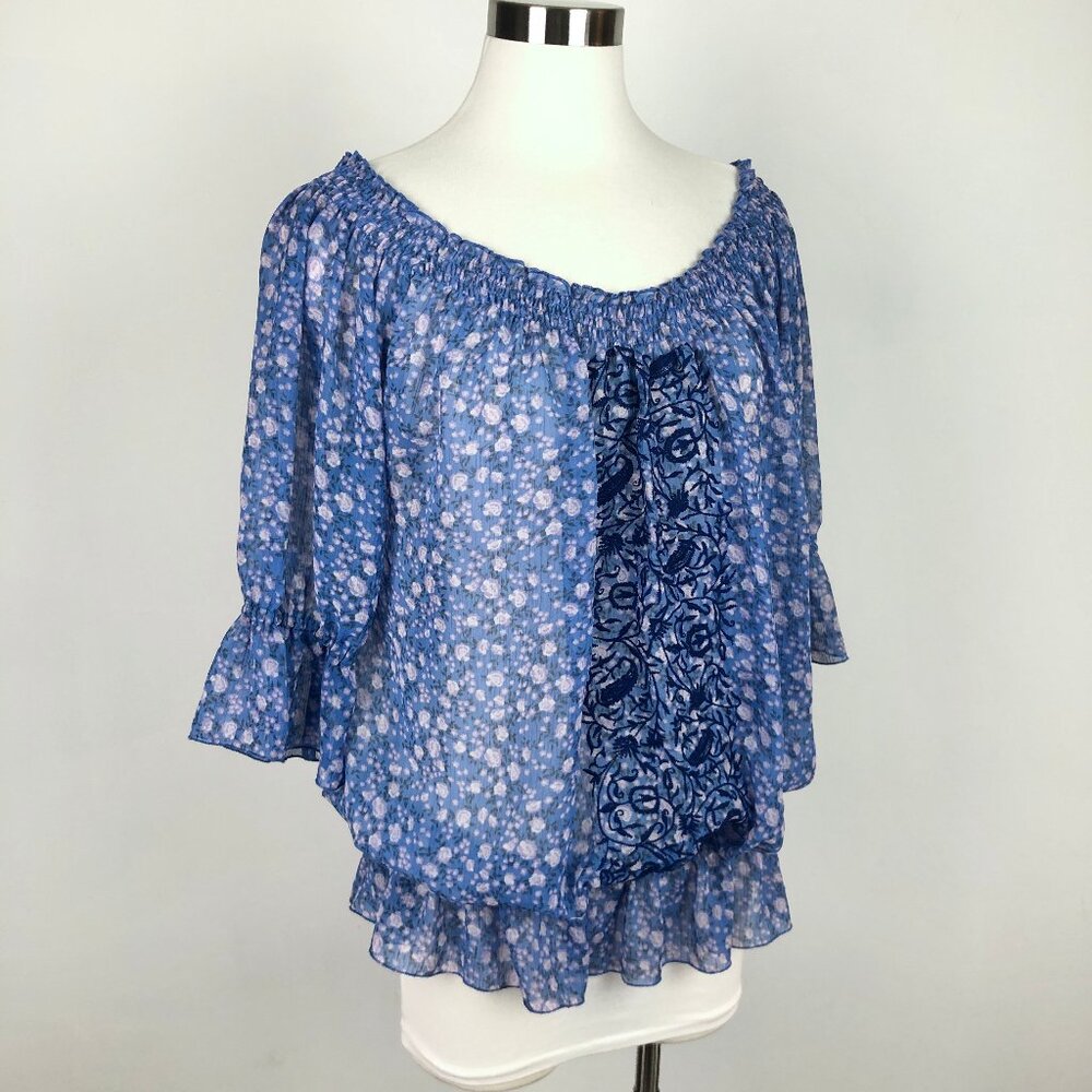 Free People Embroidered Micro Floral Sheer Peasant Top Blouse Size Small Boho